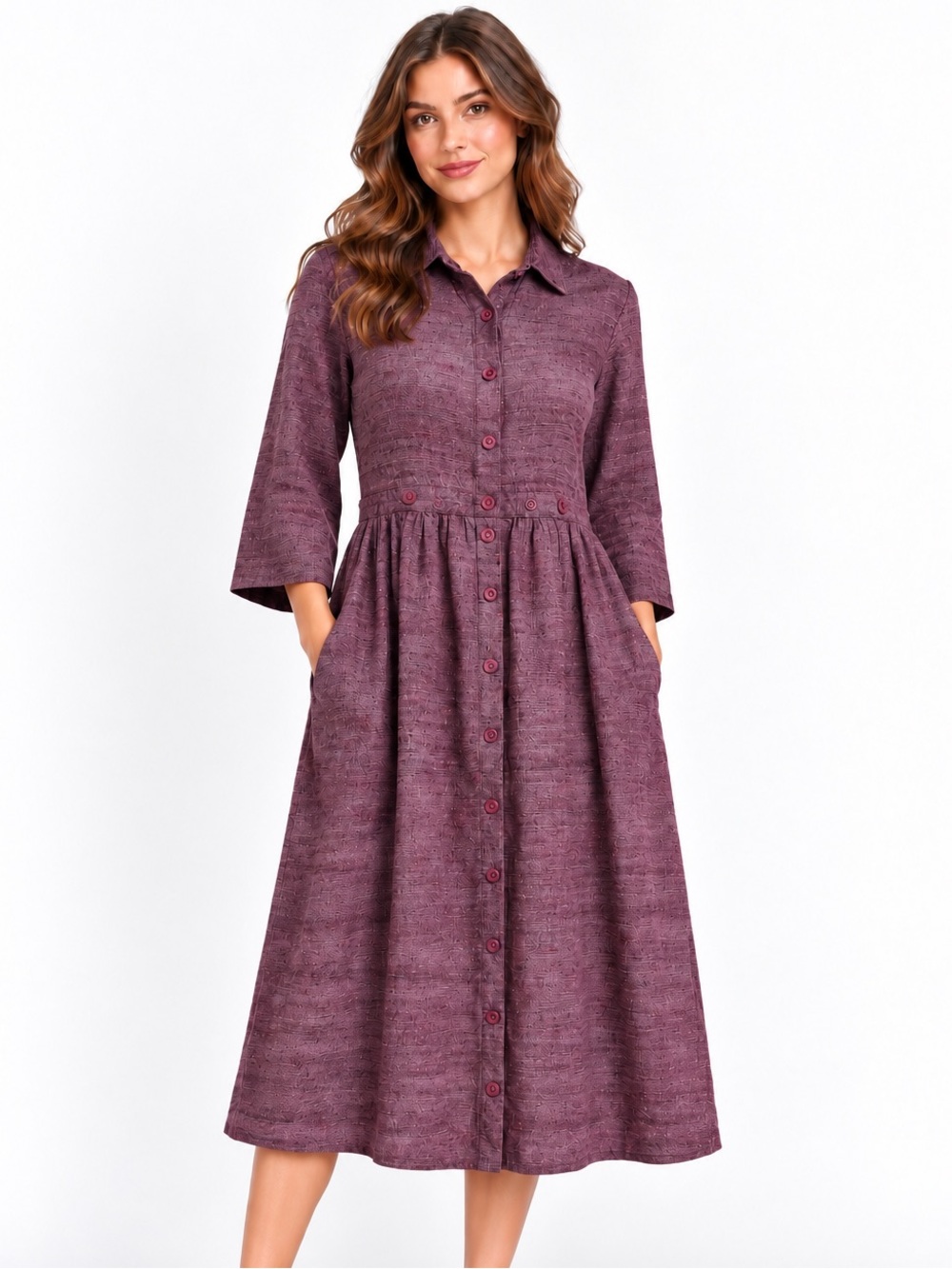 FLAX NWT Plum Button-Front 100% Linen Dress Size S